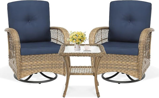 VIVIJASON 3-Piece Outdoor Conversation Bistro Set, Patio Swivel Glider Rocking Chairs Rattan Furniture Sets w/ 2 Rattan Chairs, Cushions, Glass Top Side Table for Porch Backyard, Navy Blue