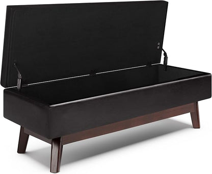 SIMPLIHOME Owen 48 inch Wide Mid Century Modern Rectangle Rectangular Storage Ottoman in Tanners Brown Vegan Faux Leather, Assembled, for the Living Room, Entryway and Family Room