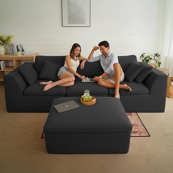 144" Cloud Sectional Couches for Living Room, Convertible U-Shape Couch with Ottoman, 6 Seater Modular Sectional Sofa,Black Chenille