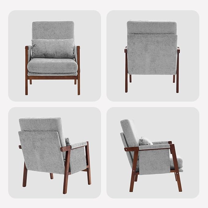 Accent Chair Mid-Century Modern with Lumbar Support Pillow, Upholstered Living Room Chairs with Wooden, Chenille Armchair with Cushion, Anthropologie Side Chair for Bedroom, Light Grey