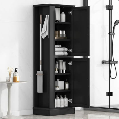 Tall Freestanding Storage Cabinet, Multi-Purpose Floor Organizer with 2 Doors, Hook and Adjustable Shelf for Bathroom, Office, Black