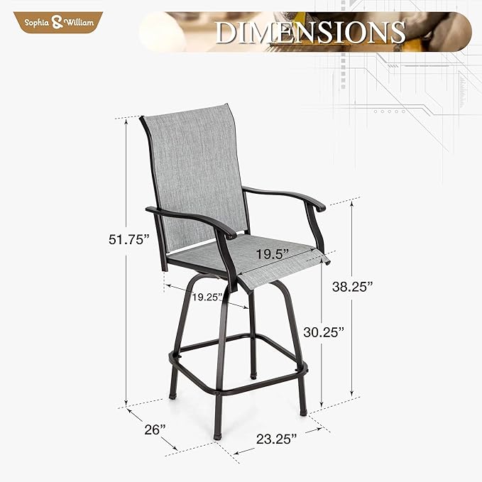 Sophia & William Swivel Bar Stools Set of 6, Outdoor Bar Height Chairs, High Top Patio Chairs, Supports 300 lbs (Grey Fabric)
