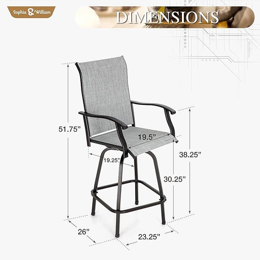 Sophia & William Swivel Bar Stools Set of 2, Bar Height Chairs, Outdoor Bar Chairs, High Top Patio Chairs, Supports 300 lbs (Grey Fabric)