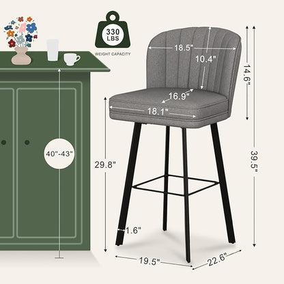 Swivel Counter Height Bar Stools Set of 3, 30'' Modern Barstools with Backs and Metal Legs, Upholstered Bar Chairs,Mid-Gray,Fabric Stools for Kitchen Island Chairs