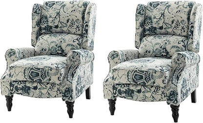 HULALA HOME Upholstered Wingback Recliner Chair Set of 2, Small Adjustable Footrest Push Back Single Reclining Sofa, Mid Century Modern Lounge Armchair for Living Room, Bedroom, Reading/Floral