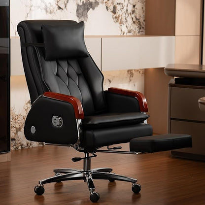 Kinnls Cameron Massage Chair Genuine Leather Executive Office Chair for Long Hours Ergonomic Home Chair Fully Reclining with Pillow,Retractable Footrest and Adjustable Headrest (Cowhide Leather-Black)