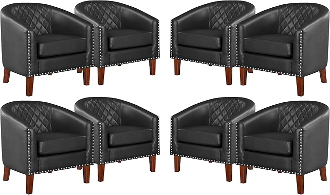 Prilinex Comfy Barrel Accent Chair Set of 8 - Faux Leather Living Room Chair Club Chair with Cushion, Diamond Grid Backrest & Nailhead Trim, Guest Chair for Office, Bedroom & Waiting Room, Black