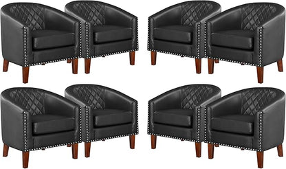 Prilinex Comfy Barrel Accent Chair Set of 8 - Faux Leather Living Room Chair Club Chair with Cushion, Diamond Grid Backrest & Nailhead Trim, Guest Chair for Office, Bedroom & Waiting Room, Black