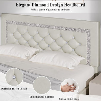 BarnFurin Queen Bed Frame with Diamond Tufted Headboard, Faux Leather Upholstered Bed with Wooden Slats Support, No Box Spring Needed, Mattress Foundation, Easy Assembly, Cream