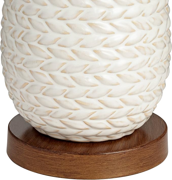 Possini Euro Design Kingston Mid Century Modern Table Lamps 32 3/4" Tall Set of 2 White Textured Ceramic Taupe Drum Shade Decor for Bedroom Living Family Room Bedside Nightstand House Home Office