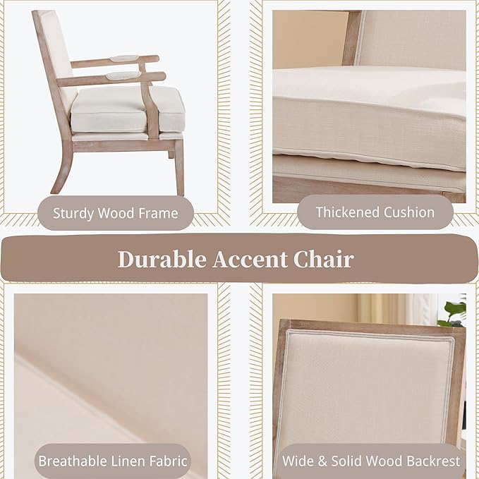 chairus Farmhouse Linen Accent Chair Set of 2, Upholstered Reading Chair with Solid Wood Frame Lounge Arm Chair with High Back for Living Room, Reception Room, Waiting Room, Beige