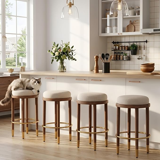 26’’ Rustic Backless Bar Stools with Metal Gold Footrest Counter Height Barstools Set of 4 Modern Round Farmhouse Beige Linen Upholstered Wooden Stools with Natural Solid Wood Legs for Kitchen Island