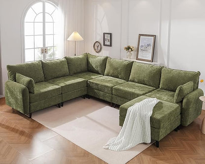 135'' Modular Sectional Sofa with Storage Seat,Oversized U Shaped Couch with Ottoman,7 Seater Couches for Living Room,Bedroom,Velet,Green