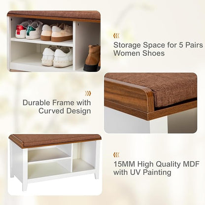 MFSTUDIO Shoe Storage Bench, White Shoe Entryway Bench with Seating Padded Cushion, Freestanding Shoe Rack Organizer for Entryway Hallway Living Room Bedroom, Brown Cushion