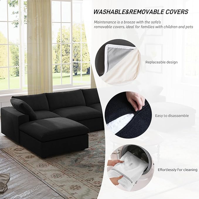 WJShome 118.02" Cloud Couch,Modular Sectional Sofa with 2 Storage Ottomans, U Shaped Down Filled Convertible Couch for Living Room Sets,Sofa Cover Washable & Replaceable(White)