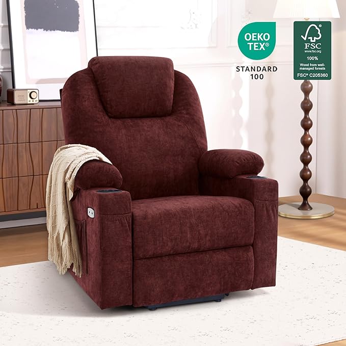 MCombo Power Lift Recliner Chair for Elderly, Lift Chair with Heat and Massage, USB&Type C Ports, Extended Footrest, Cup Holders, Fabric 7040 (Medium, Sangria)