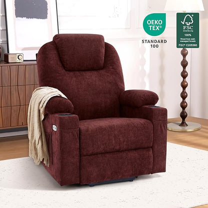 MCombo Power Lift Recliner Chair for Elderly, Lift Chair with Heat and Massage, USB&Type C Ports, Extended Footrest, Cup Holders, Fabric 7040 (Medium, Sangria)