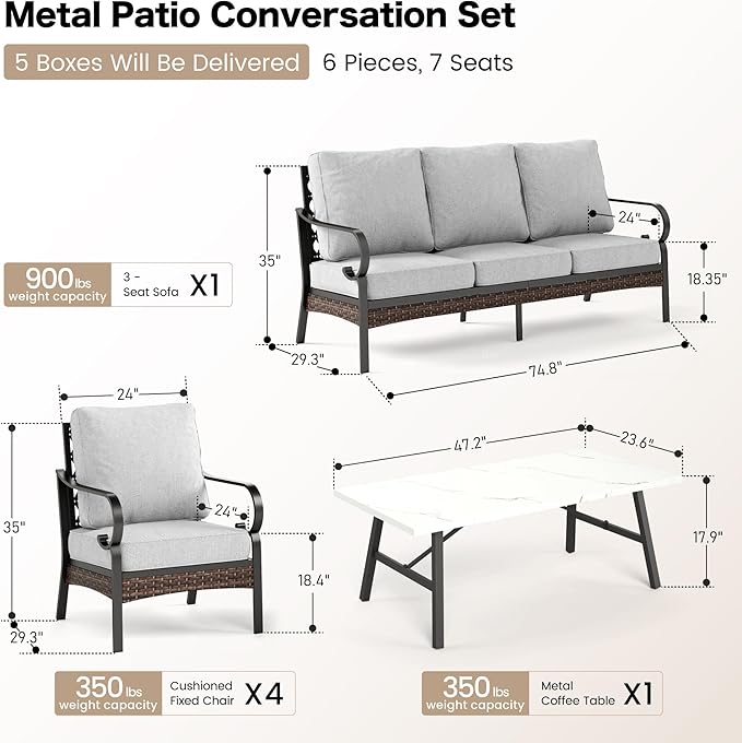 6 Piece Metal Outdoor Patio Furniture Sets, Patio Conversation Sets 1 3-Seater Sofa, 4 Single Sofa with 5.75" Thick Cushion & Coffee Table, Black Frame Backyard Furniture, Light Gray