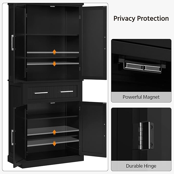 Yaheetech Kitchen Pantry Storage Cabinet with Drawer, Freestanding Pantry Cabinets with 2 Adjustable Shelves, 72.5" Tall Storage Cupboard for Kitchen/Dining Room/Bathroom/Hallway, Black