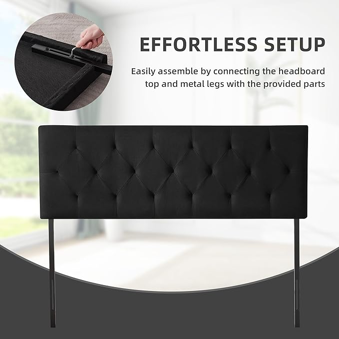 Linen Upholstered Headboard Full Size, Modern Diamond Tufting Solid Wood Full XL Headboard Only, Adjustable Height from 37” to 51” Head Board, Bed Frame or Wall Mount Headboards, Black