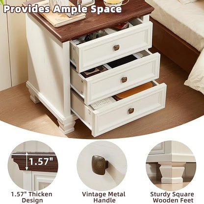 Farmhouse Nightstand Set of 2, Vintage Couch End Table with 3 Drawers & 4 Square Solid Wood Legs, Rustic Bed Side Table with Storage, Small Dresser for Bedroom, Living Room, White