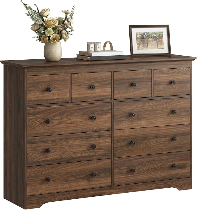 LYNSOM Modern 10 Drawer Dresser, 55.1" Wide Dressers & Chests of Drawers with Large Capacity Storage, Wood Mid Century Storage Dressers Organizer for Bedroom, Entryway, Brown