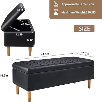 VECELO 44.5" Black Ottoman with Storage, Faux Leather Storage Ottoman Bench with Safety Hinge & Solid Wood Legs, Large Bench for Living Room, Entryway, Holds up to 330 lb