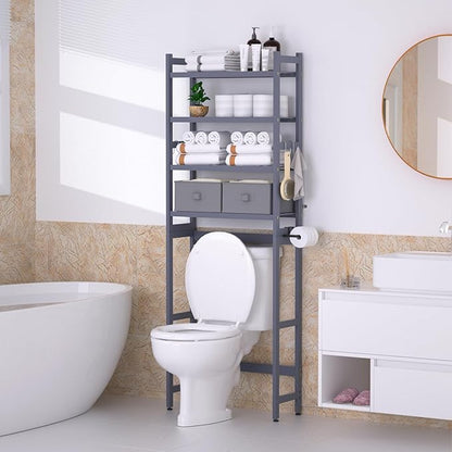 Over The Toilet Storage with 2 Baskets, 4-Tier Bamboo Organizer Rack with Paper Holder & 4 Hooks & Waterproof Feet Pad,Freestanding Shelf for Bathroom(Grey)