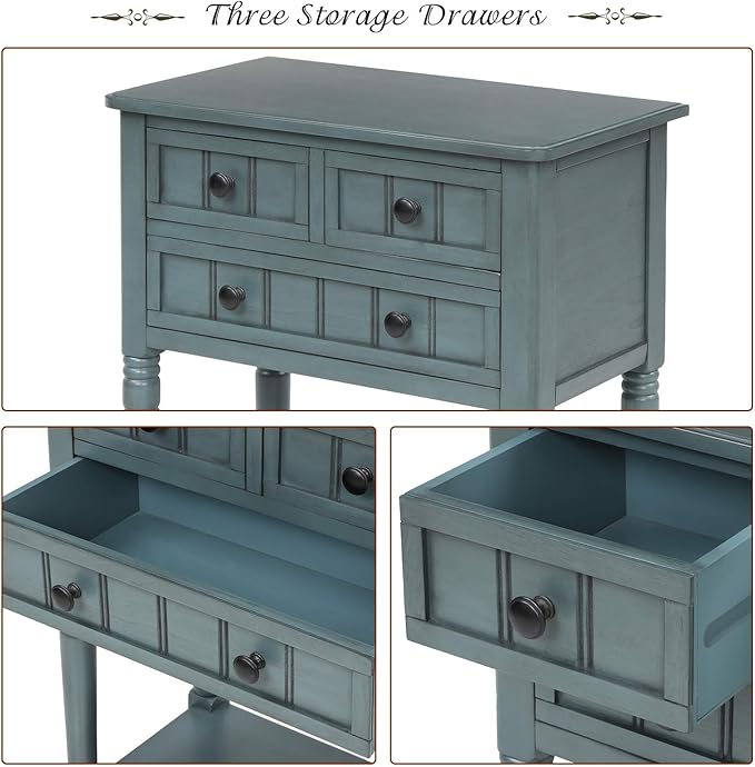Knocbel Slim Antique Entry Console Table with Drawers & Bottom Open Shelf, Solid Wood Sofa Couch Table for Entryway Hallway Living Room (Navy)
