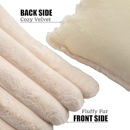 Neelvin Beige Faux Fur Cozy Soft Striped Decorative Throw Pillow Covers 26x26 inch Set of 2,Velvet Pillowcase Cushion Case for Sofa Couch