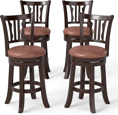 COSTWAY 26" Counter Height Stools Set of 4, Swivel High-Top Chairs with Backrest & Faux Leather Padded Seat, Rubber Wood Counter Barstools with Footrest for Kitchen, Dining Room, Pub (4,26'')