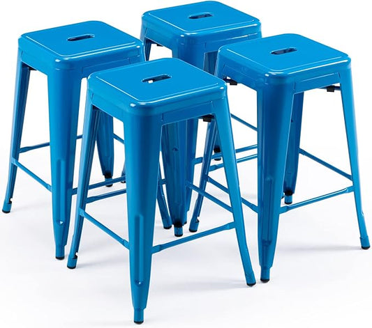 Vogue Furniture Direct 24 Inch Metal Bar Stools, Backless Counter Height Barstools, Indoor Outdoor Stackable Stools with Square Seat, Set of 4 (Blue)
