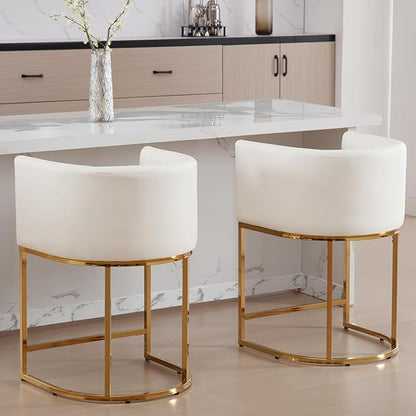 PU Leather Bar Stools Set of 2, Modern Upholstered Counter Height Bar stools 24" Leather Barstools Barrel Kitchen Counter Island Stools with Golden Metal Base, White