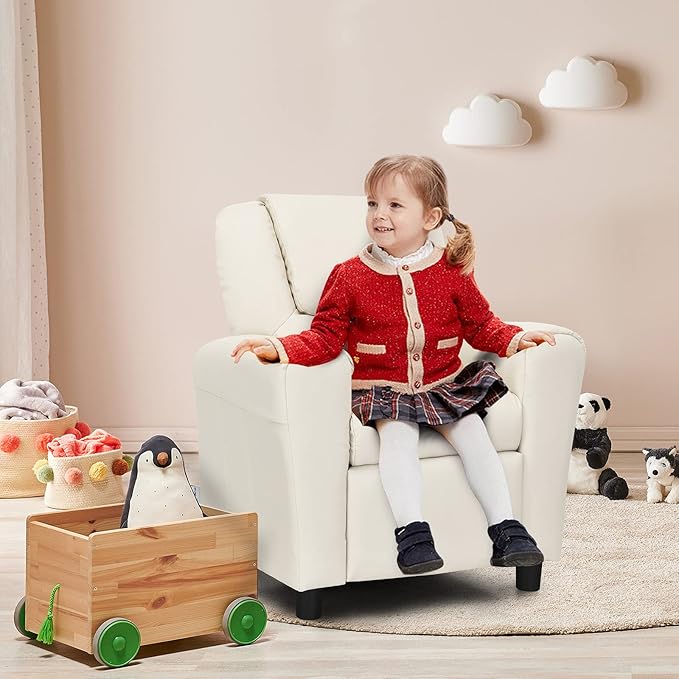 Costzon Kids Recliner Chair with Cup Holder, Toddler Furniture Children Armrest Sofa w/Headrest & Footrest for Girls Boys Baby Bedroom, Kids Room, PU Leather Kids Recliner Couch (Beige)