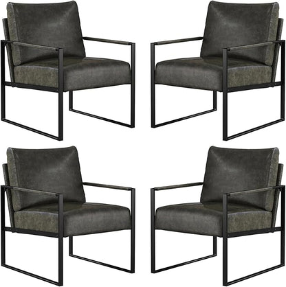 CANMOV Modern Accent Chair Set of 4, PU Leather Armchair with Metal Frame,Comfy Single Reading Chair with Soft Padded Backrest and Cushion for Living Room, Bedroom,Reading Room,Office,Dark Grey