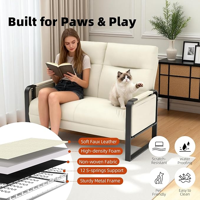 Faux Leather Loveseat, Upholstered Loveseat with Side Tray Table & Storage Pocket, Small Loveseat for Living Room, Modern 2 Seater Sofa Couch for Small Spaces, Bedroom, Beige