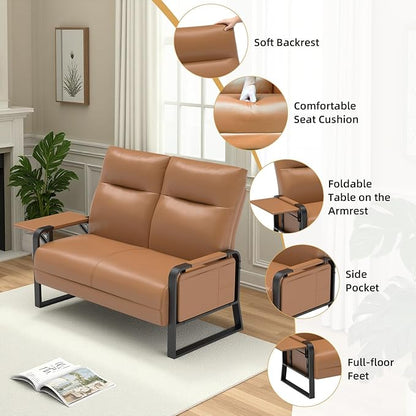 Faux Leather Loveseat Couch for Living Room Bedroom Office, Small Sofa 2 Seater Couch with Flip Up Tray Table Side Pockets Leather Loveseats, Brown