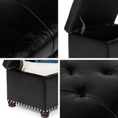 24'' Leather Storage Ottoman Rectangular Foot Rest Stool with Nailhead Trim Chests & Storage Room Organizer for Bedroom Living Room(Black)