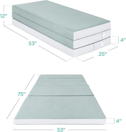 Best Choice Products 4in Portable Full-Size Mattress, Tri-Fold Mattress for Camping, Guest, Toddler, Foam Plush w/Carry Case - Seafoam