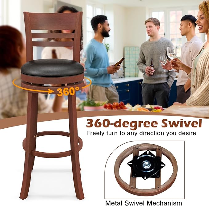 COSTWAY Bar Stools, 360-Degree Swivel Bar Chairs with PU Upholstered Seats, Solid Rubber Wood Backrests, Footrests & Legs, Bar Height Stools with Backs for Kitchen, Bar, Brown (4)