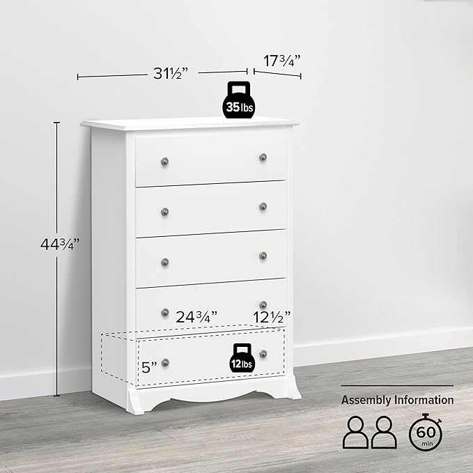 Prepac Sonoma Superior 5-Drawer Dresser for Bedroom - Spacious and Stylish Chest of Drawers, Measuring 17.75"D x 31.5"W x 44.75"H, In White Finish