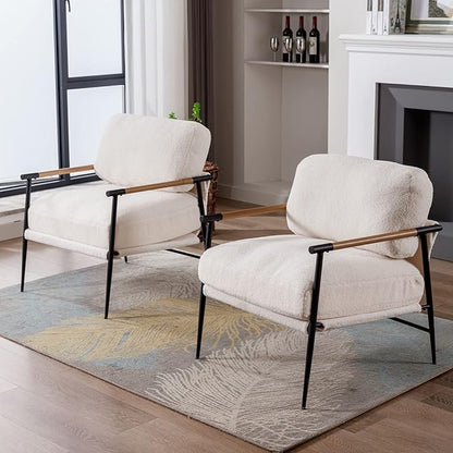 DUOMAY Mid-Century Modern Accent Chair, Comfy Sherpa Sofa Lounge Chair Reading Corner Chair for Living Room Bedroom Office, Mid-Back Arm Chair with Black Metal Leg, White