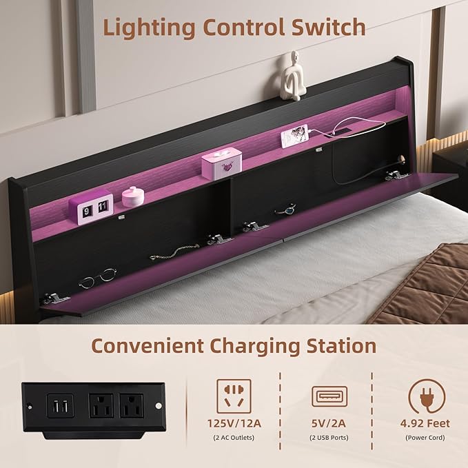 Headboard Only,Modern Headboard with Storage Built-in Power Outlets 2 USB Ports LED Lighting, Gap-Free Wall Design Easy Assembly (Black, Queen (U.S. Standard))