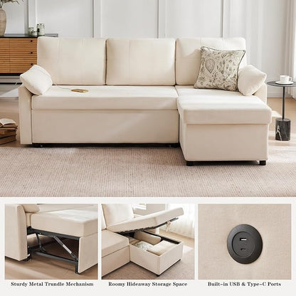 Waxberry Sectional Sofa Couch, Pull Out Couch Sleeper Sofa Bed with Storage for Living Room, Reversible Chaise, Side Pockets & Dual USB/Type-C Ports,Includes 1 Blanket, Beige