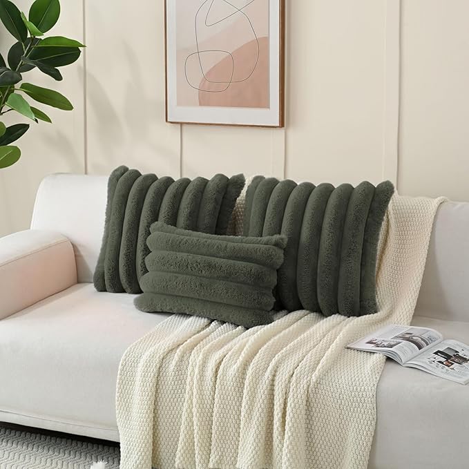 FUTEI Olive Green Decorative Throw Pillow Covers 20x20 Inch Set of 2, Square Soft Faux Rabbit Fur Big Striped Cushion Cover,Home Decor for Couch Sofa Bed Living Room