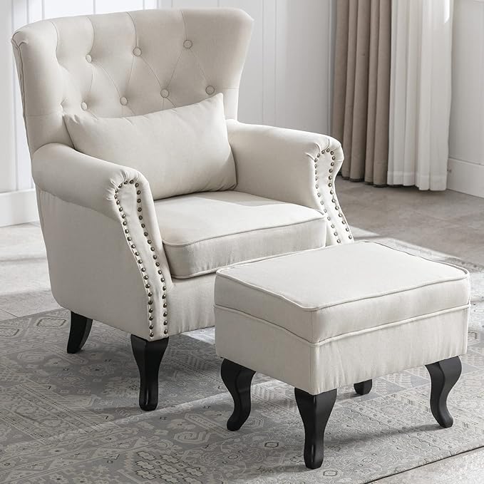 Accent Reading Arm Chairs with Ottoman for Living Room Bedroom, Midcentury Modern Comfy Corner Sofa Chair, Wingback Waiting Room Club Chair with Button Tufted Back &Lumbar Pillow, Linen Beige