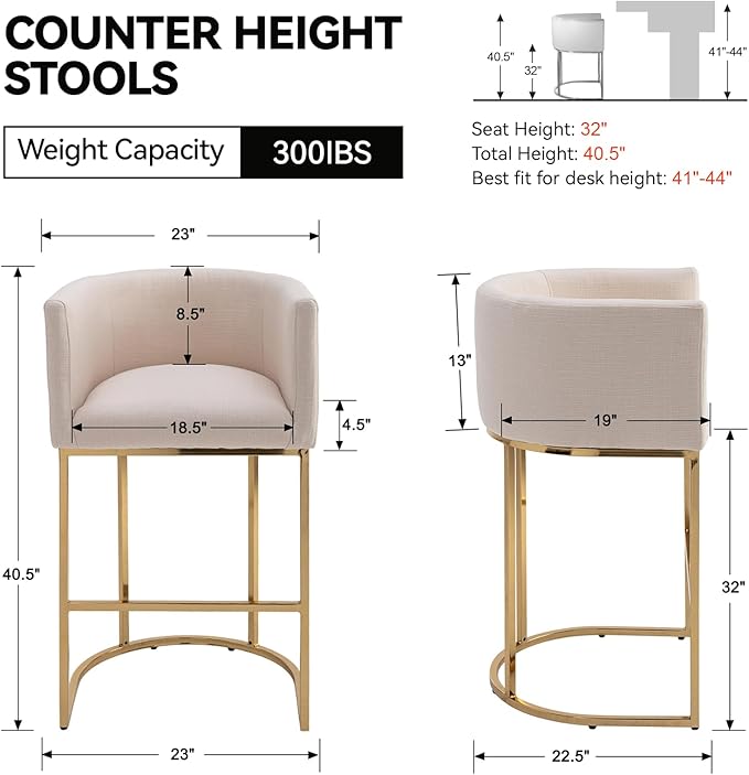 Contemporary Cream Linen Bar Stool, 32" Upholstered Fabric Counter Height Barstool Kitchen Counter Island Stool with Golden Metal Base
