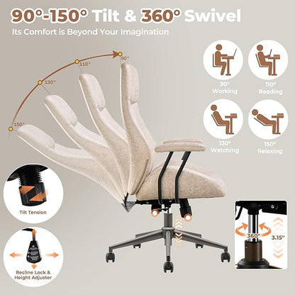 ovios Home Office Ergonomic Chair, Mid-Century Modern Luxury Faux Suede Leather Chairs, Comfy High Back Computer Swivel Rolling Task Armchair for Executive, Beige