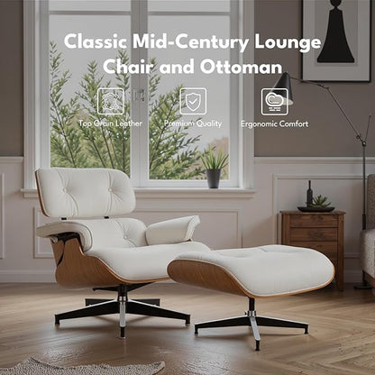 Top Grain Leather, Mid Century Chaise Lounge Chair and Ottoman, Modern Chair Classic Design, Heavy Duty Base Support for Living Room Study Lounge Office, Walnut-White, Heightening