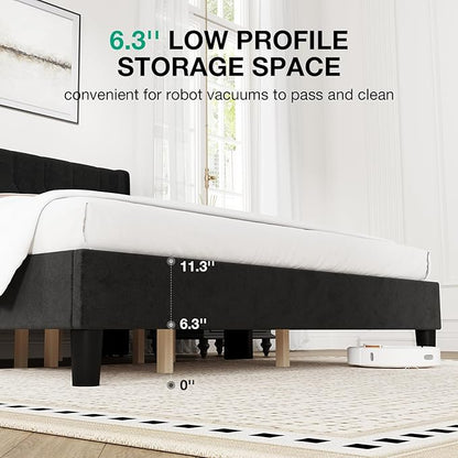 Novilla King Bed Frame, King Bed Frame with Headboard, Velvet Upholstered Pull-Point Wing Side Headboard, No Box Spring Needed, Heavy Duty Feet, Easy Assembly, Black Velvet